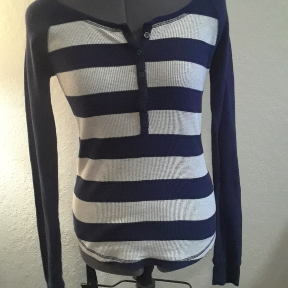 SO Tops - SO Navy Blue Striped Waffle Long Sleeved Shirt